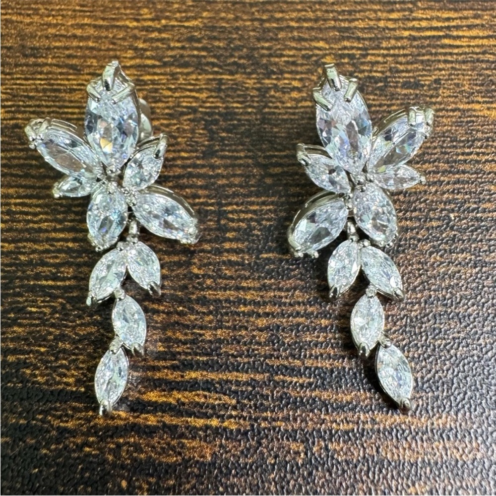 Elegant Silver Crystal Leaf Earrings